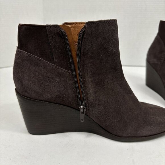 Lucky Brand NWOB Zorlina Wedge Bootie 10M Suede + Textile Upper Brown Zipper - Picture 2 of 16